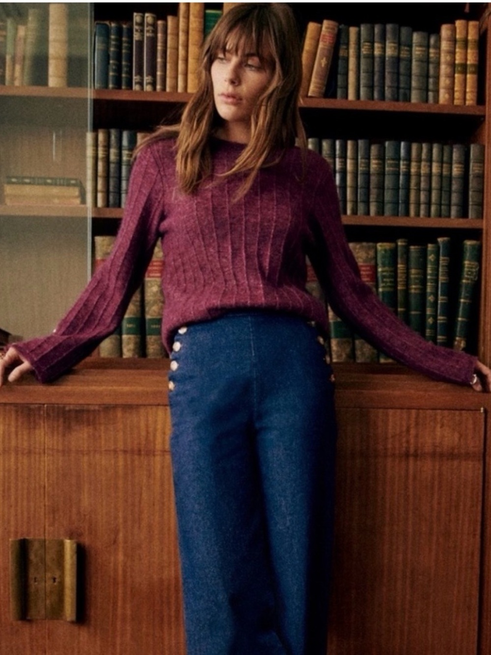 Sezane Joyce Jumper Sweater Merino Wool Mohair Gold Buttons in Grape Purple XS
